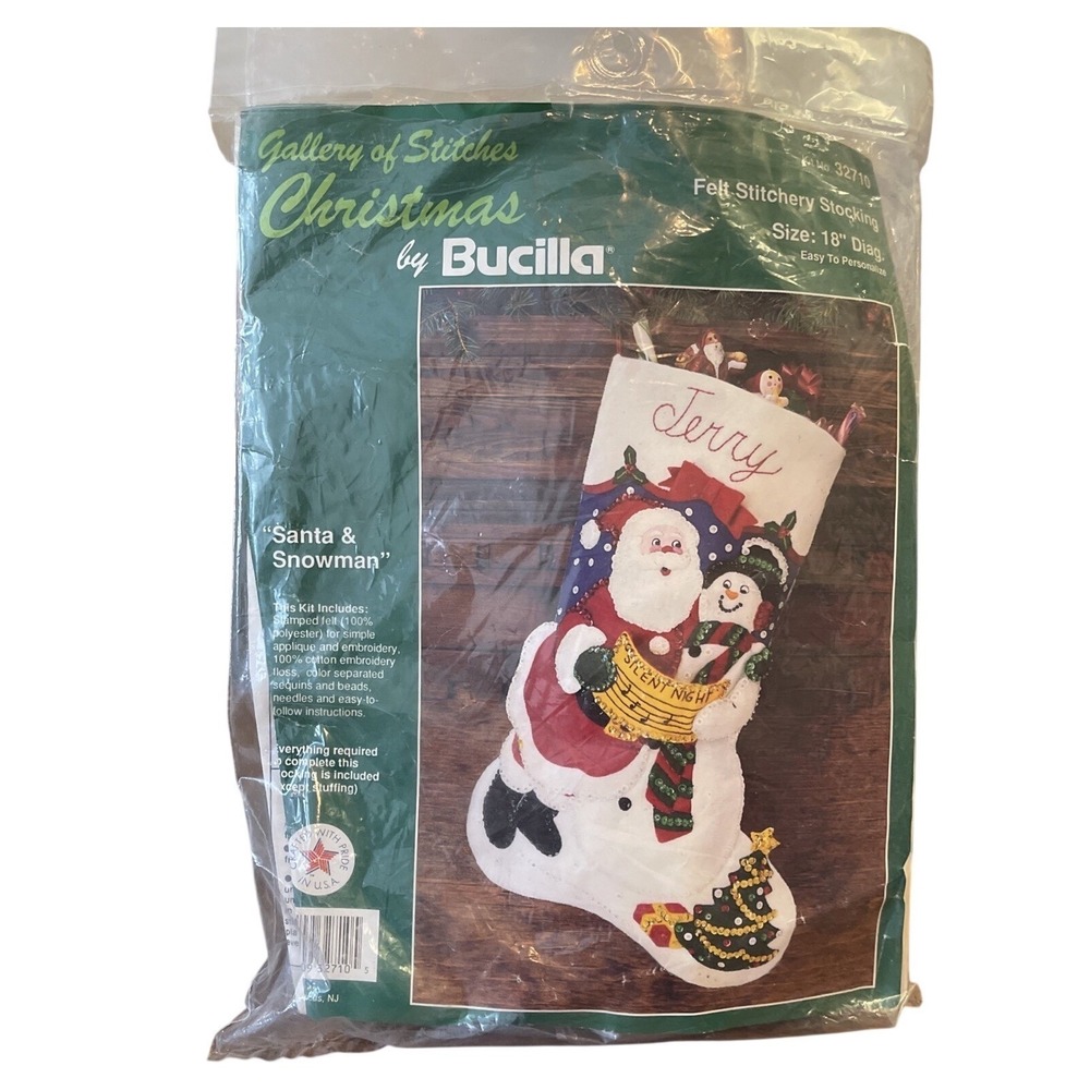 Bucilla Felt Stocking Kit #32710 Santa Snowman USA 18 1970s Christmas NOS
